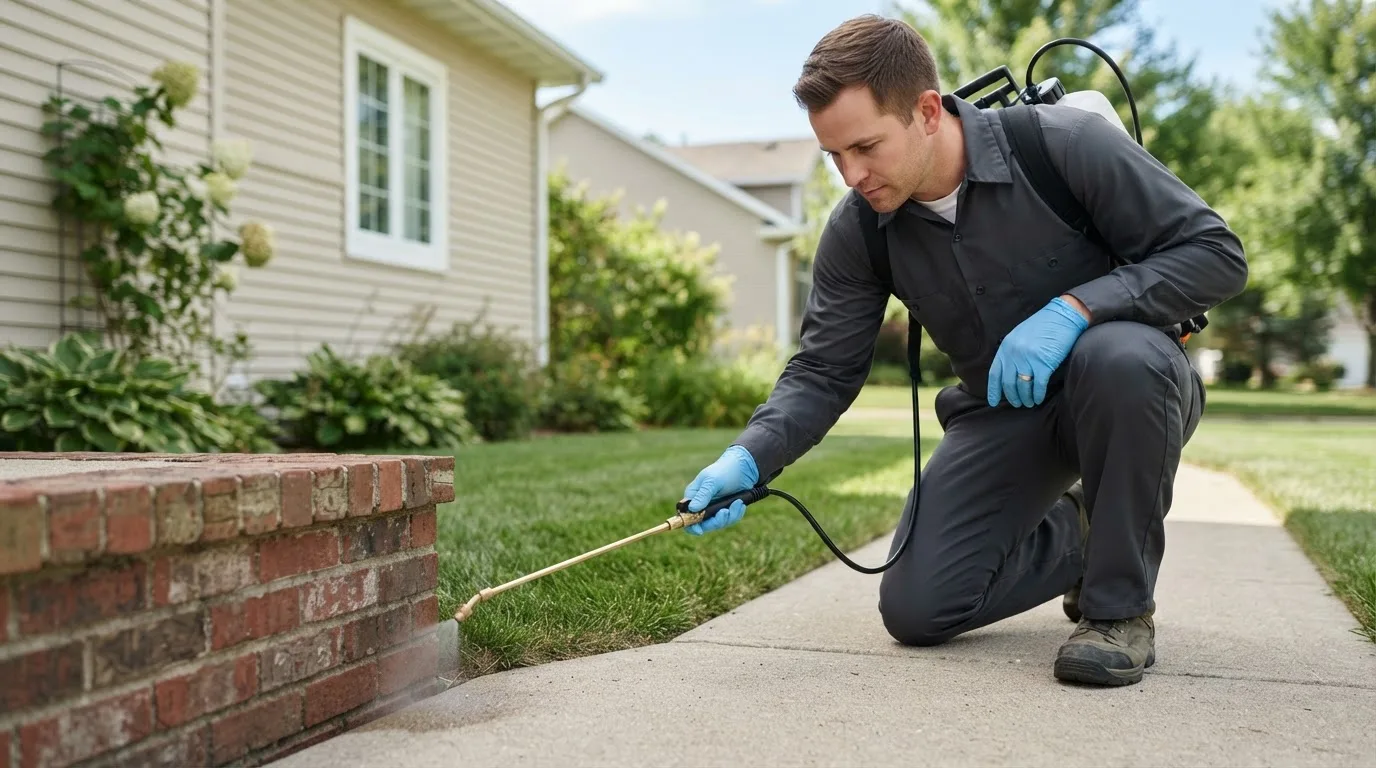 Pest control technician treating a home near Danciger, TX