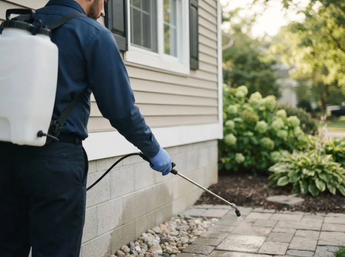 Pest control technician inspecting a home in Danciger, TX